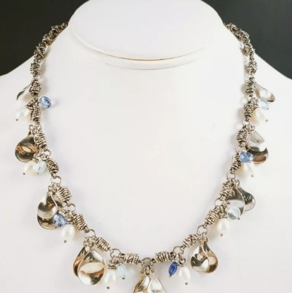 MICHAEL DAWKINS SS TEARDROPS PEARL / BLUE TOPAZ NECKLACE